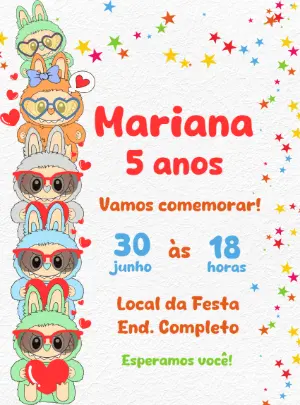 Convite Aniversário Labubu com Bonecos Fofos para Editar