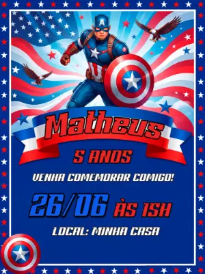 Convite de Aniversário Capitão América Modelo Digital Editável
