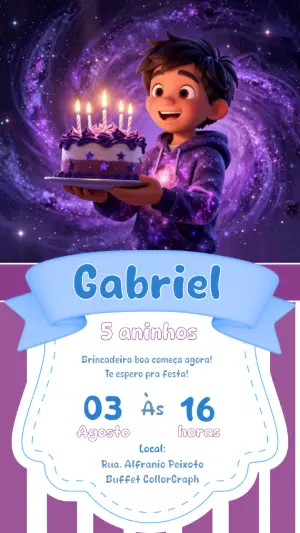 Convite de Aniversário Galáxia Menino 3D para Editar