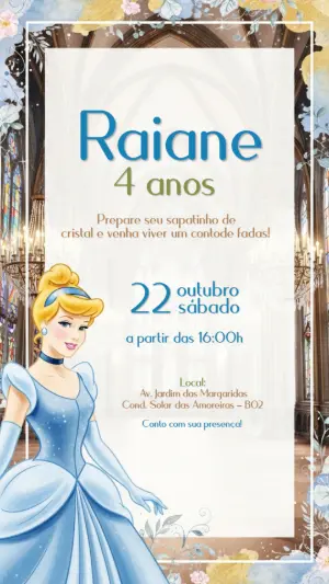 Convite de Aniversário Cinderela para Editar Online