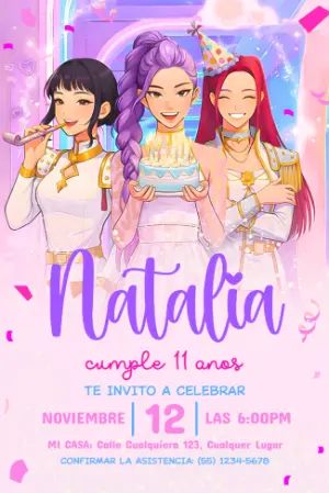 Invitación de Cumpleaños Las Guerreras K-Pop Editable Estilo Anime