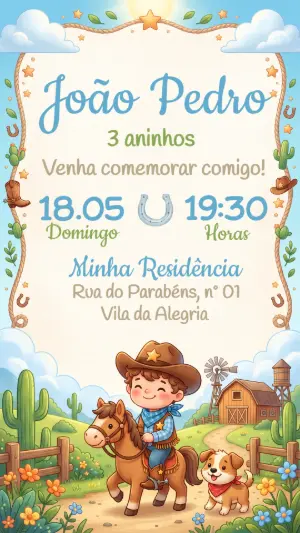 Convite de Aniversário Cowboy Infantil Fofo para Editar