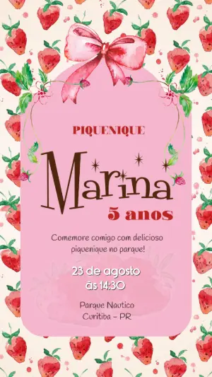 Convite de Aniversário Piquenique Morango Aquarela Editável