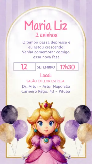 Convite de Aniversário Princesa Peach Lilás para Editar