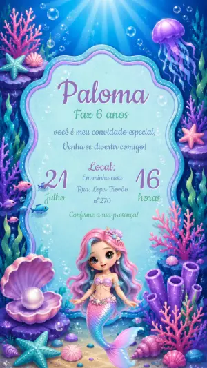 Convite de Aniversário Sereia Fundo do Mar para Editar