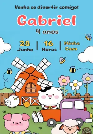Convite Aniversário Fazendinha com Animais para Editar Online