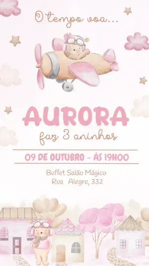 Convite Aniversário Ursinha Aviadora para Editar Online