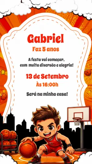 Convite Digital de Aniversário Tema Basquete Editável