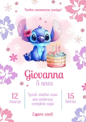 Convite de Aniversário Stitch Fofo Aquarela para Editar Online