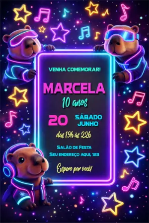 Convite de Aniversário Capivara Neon Editável para Festa