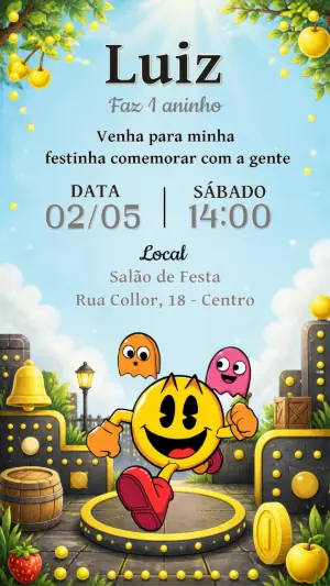 Convite de Aniversário Pac-Man Editável para Festa Infantil