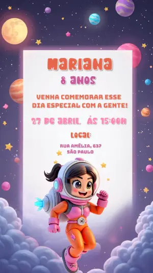 Convite de Aniversário Astronauta Menina para Editar Online