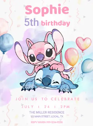 Stitch and Angel Birthday Invitation | Editable Watercolor Template