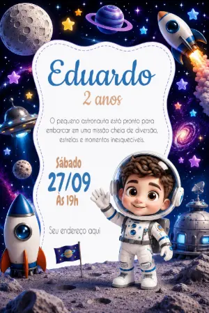 Convite de Aniversário Astronauta Infantil Fofo para Editar