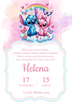 Convite de Aniversário Stitch e Angel Fofo para Editar Online