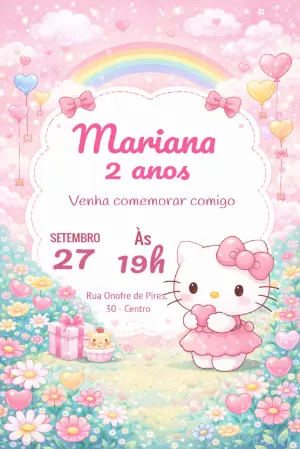 Convite de Aniversário Hello Kitty Rosa e Branco para Editar