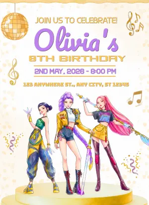 Editable Demon Hunter K-pop Birthday Invitation Template