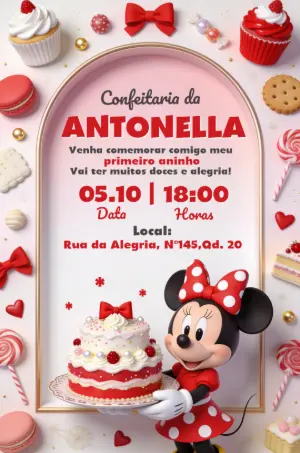 Convite de Aniversário Minnie Vermelha Confeitaria Editável