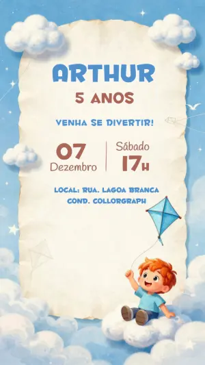 Convite de Aniversário Infantil Menino com Pipa no Céu Editável