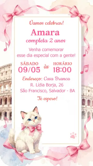 Convite de Aniversário Gatinha Aquarela Rosa para Editar