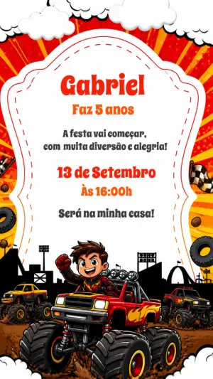 Convite de Aniversário Monster Truck Radical para Editar