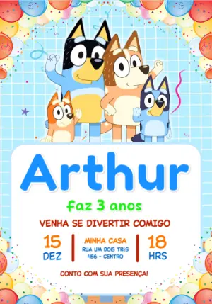 Convite de Aniversário Bluey e Família Colorido para Editar