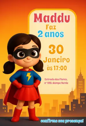 Convite Aniversário Super Heróina Menina para Editar Online