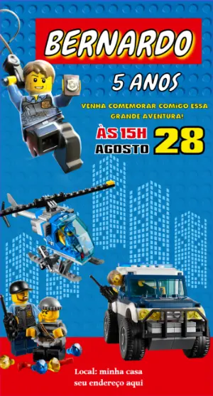 Convite de Aniversário Lego City com Policiais para Editar Online