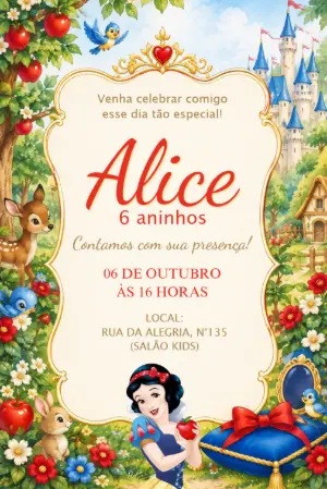 Convite de Aniversário Branca de Neve Editável