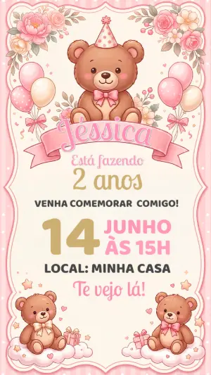 Convite de Aniversário Ursinha Rosa Fofo para Editar