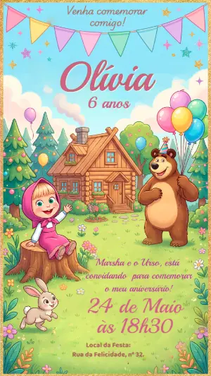 Convite de Aniversário Marsha e o Urso Editável e Colorido