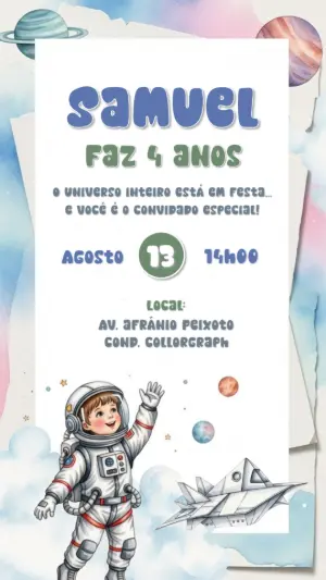 Convite Aniversário Astronauta Infantil para Editar Online