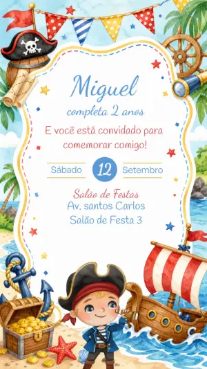 Convite de Aniversário Pirata Infantil para Editar