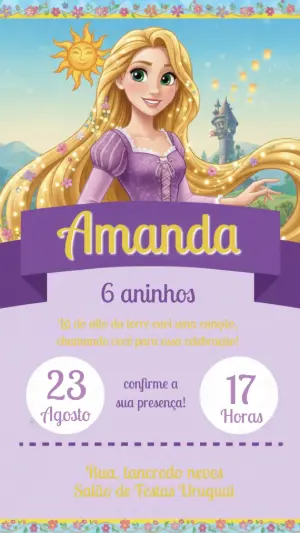 Convite Digital Aniversário Infantil Tema Rapunzel Editável