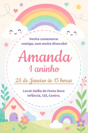 Convite de Aniversário Arco-íris Fofo Modelo Editável