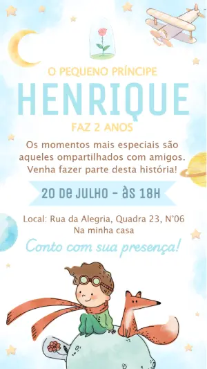 Convite de Aniversário Pequeno Príncipe Aquarela para Editar
