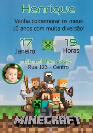 Convite de Aniversário Minecraft com Foto para Editar Online