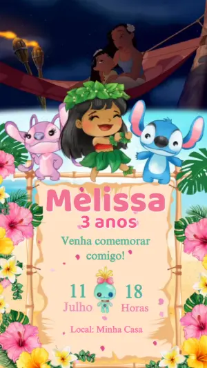 Convite Animado Aniversário Lilo e Stitch para Editar Online