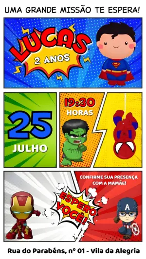 Convite de Aniversário Super-Heróis Estilo Gibi Editável