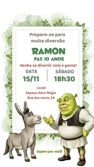 Convite de Aniversário Shrek com Personagens para Editar Online