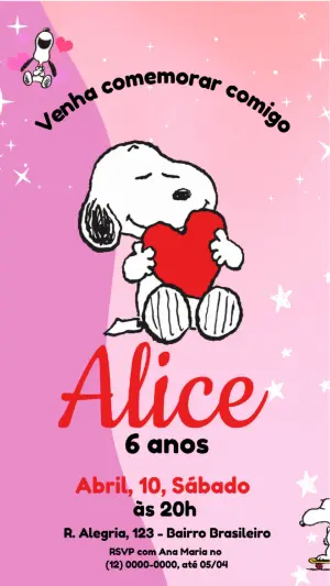 Convite Animado Aniversário Snoopy Rosa para Editar