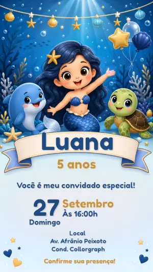 Convite de Aniversário Sereia Fundo do Mar para Editar