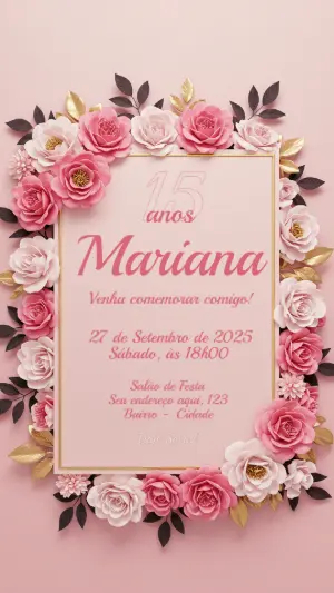 Convite 15 Anos Floral Rosa e Dourado para Editar Online