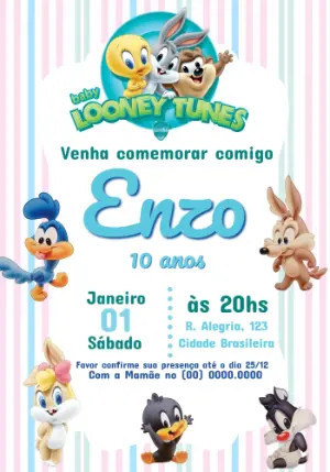 Convite de Aniversário Baby Looney Tunes Colorido para Editar