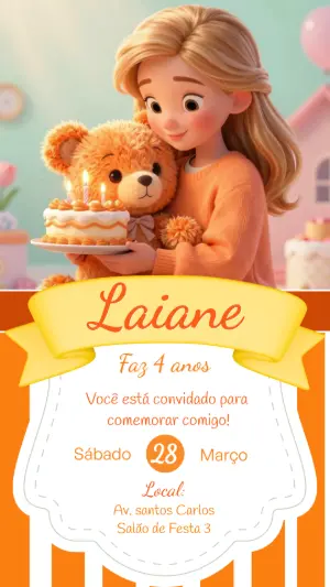 Convite de Aniversário Infantil Ursinho e Menina 3D para Editar