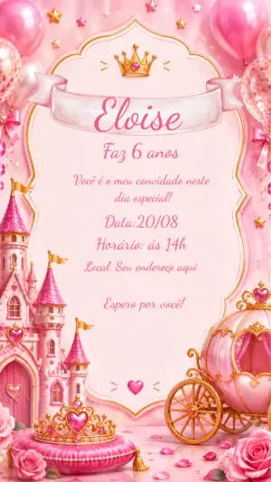 Convite Aniversário Princesa Rosa | Modelo Digital para Editar