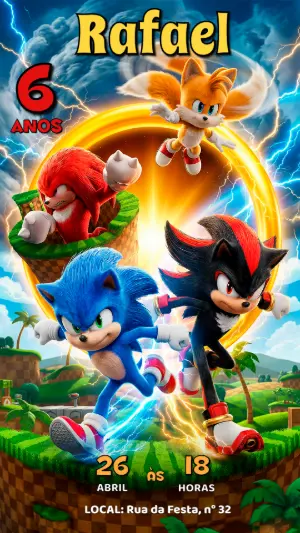 Convite de Aniversário Sonic Filme: Modelo Digital para Editar