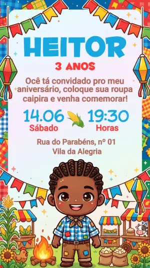 Convite de Aniversário Festa Junina Menino Editável