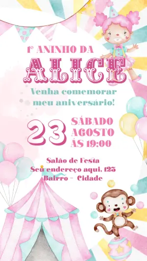 Convite Aniversário Circo Aquarela para Editar Online