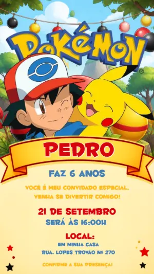 Convite de Aniversário Pokémon Editável com Ash e Pikachu